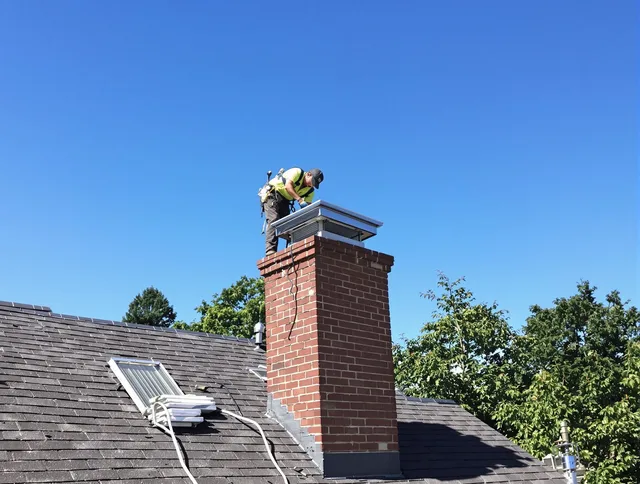Somerset Chimney Sweep technician measuring a chimney cap in Somerset, MA